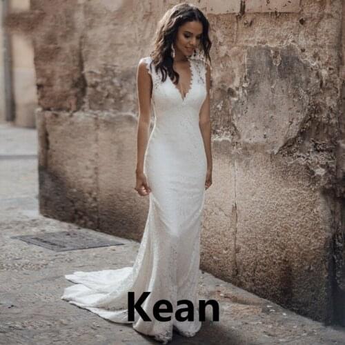 Simple Backless Mermaid V Neck Lace Wedding Dress Dubai Arabic Abiti Da Sposa Boho Vestidos De Novia De Noche