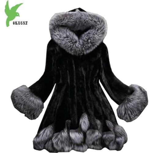 Faux Fur coat Women 2020 autumn and winter Mink coat Fox fur collar Hooded jacket Plus size 6XL top Fur coats female OKXGNZ 1751