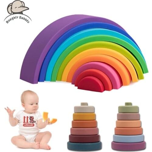 Silicone Rainbow Blocks For Children Rainbow Stacker Stacking Blocks Toy Baby Constructor Montessori Games Educational Toys Gift