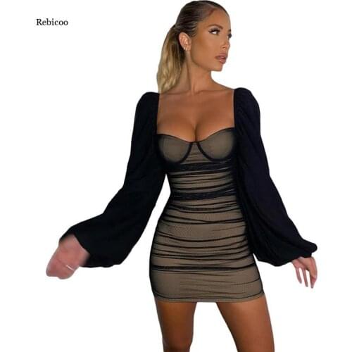 Sexy Women Dresses Elegant Mesh Long Sleeve Double Layer Bodycon Short Robe Autumn and Winter Party Vestidos Streetwear