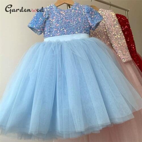 Gardenwed Glitter Puffy Lace Girl Princess Dresses Ruched Short Sleeves Flower Gril Dress Cute Little Girl First Communion Gown