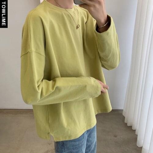 Harajuku Streetwear Mens Simple Solid Cotton Long Sleeve Pullovers T Shirts Couple Casual Bottoming Shirt Women Loose Sweatshirt