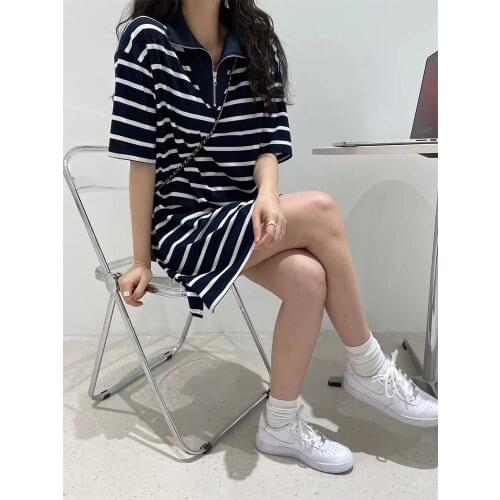 Spring and Summer) New casual womens loose short-sleeved POLO collar contrast striped T-shirt mid-length dress