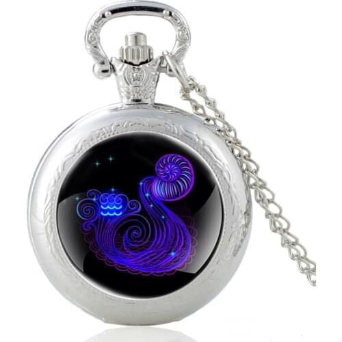 Twelve Constellations Aquarius Vintage Quartz Pocket Watch Charm Pendant Clock Watch Men Women Glass Dome Necklace Gifts