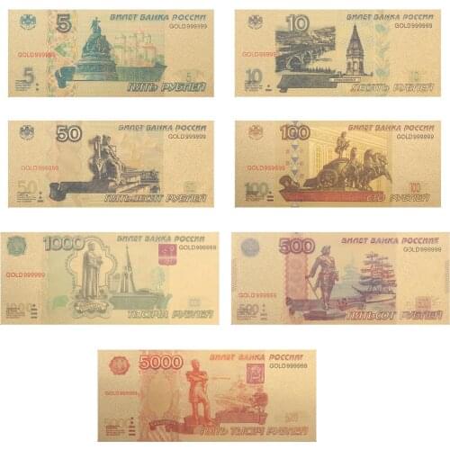Vnfuru 7pc Colorful 24K Gold Russian ruble Banknote Money 5 10 50 100 500 1000 5000 Banknote Bill for Souvenir Gift Card