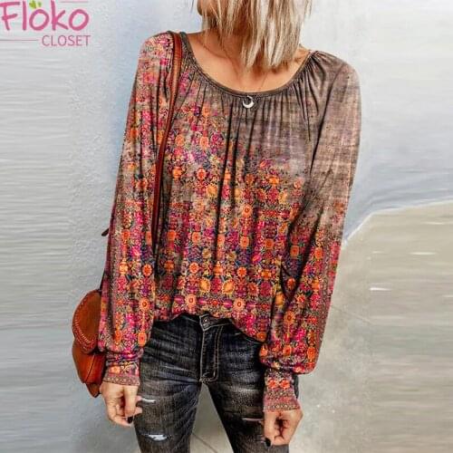 Flokocloset Autumn Floral Print Long Sleeve O-Neck T-shirt Streetwear Spring Fashion Women Tops Tee