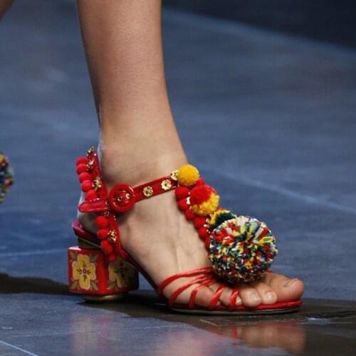 Bohemia Multi Woolen Ball Thin Strap Sandals Female Floral Cube Heel Thin Strap Sandals Women Ankle Strap Women Wedding Shoes