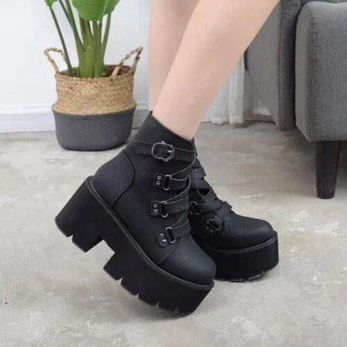 2021 Spring Autumn Comfortable Ankle Boots Women Platform Boots Rubber Sole Buckle Black Leather PU High Heels Shoes