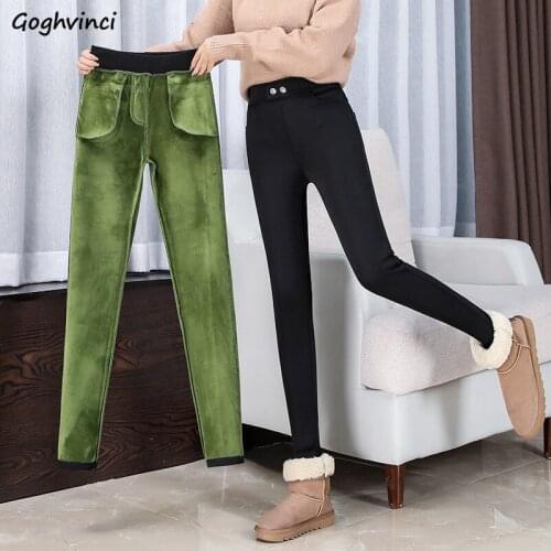 Leggings Women Ankle-length High Waist Pockets Buttons Elasticity Skinny Streetwear Korean Style Keep Warm Casual Office Lady