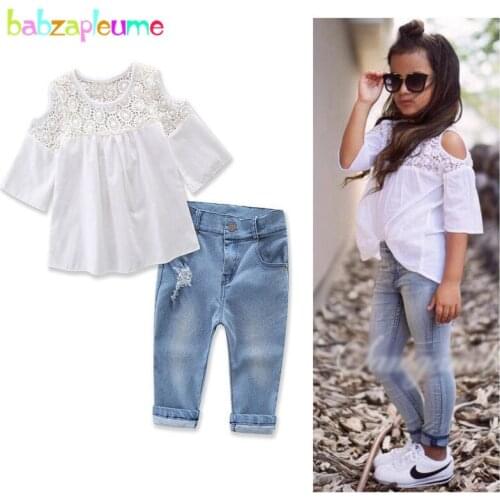 2PCS/2-7Years/Spring Summer Boutique Kids Fashion Clothes Baby Girls Outfits White T-shirt+Jeans Children Clothing Sets BC1492