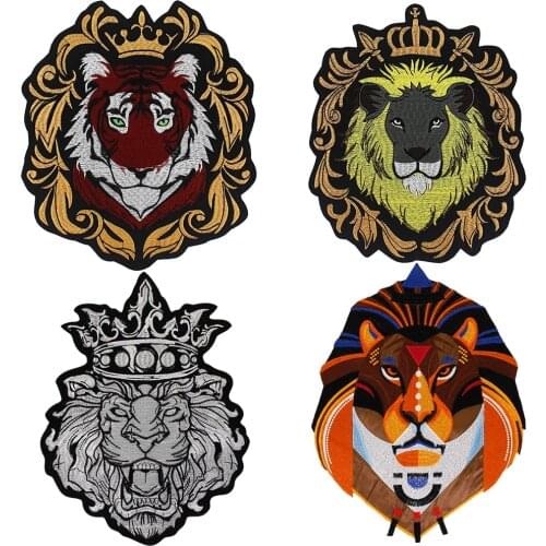 Embroidery Large Crown Lion Tiger Patches Applique for Clothes Jacket Badge iron on Stickers Punk Bike DIY Back Craft 2PC P1740