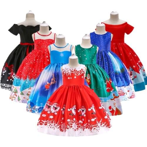 2021 Christmas Party Girls Dress Cartoon Santa Claus Snowflake Lace Princess Dresses For Girl Children Birthday Present