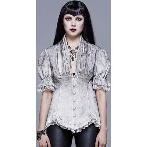 Eva Lady Womens Gothic Printing Summer Blouses Sexy V-neck Lotus Leaf Lace Puff Sleeve Daily Shirt Top