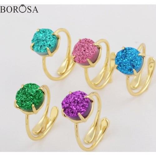 BOROSA 5PCS Gild Claw 10mm Round Natural Agates Druzy Titanium Rainbow Drusy Ring Mixed Colors Druzy Adjustable Rings ZG0414