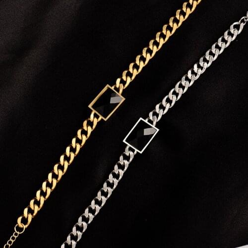 Colorfast 316L stainless steel new fashion punk chain bracelets square inlaid with black gem pendant best gift for ladies