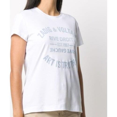 White Casual Women Summer Letter Print Blue Flocking Cotton T-Shirt Female High Quality Tee Ladies Fashion Designed Tops ML056