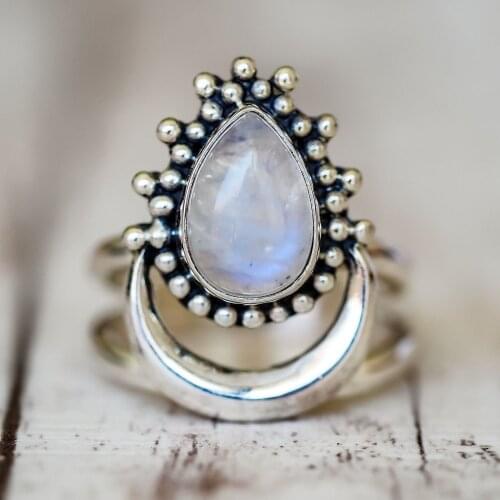 Hot selling new European and American crescent moon stone Thai silver ring retro diamond punk hand jewelry