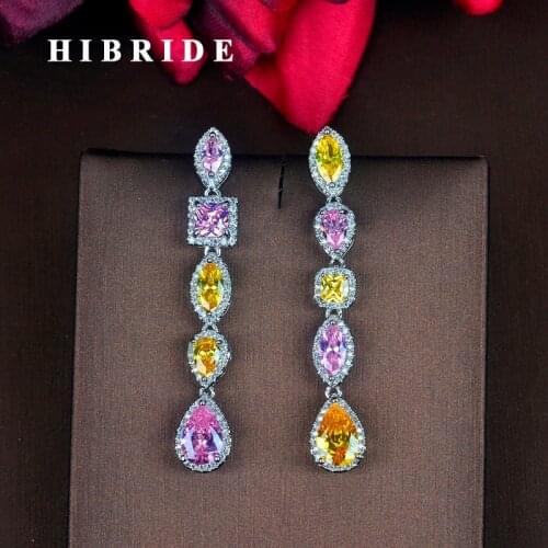 HIBRIDE Unique Design Multicolor Full Cubic Zircon Women Drop Earrings Jewelry Fashion Female Party Gifts Wholesale Price E-763