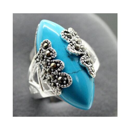 Free Shipping wholesale Rare Vintage Style Blue Natural jade & Marcasite 925 Silver Ring Size 7.8.9.10