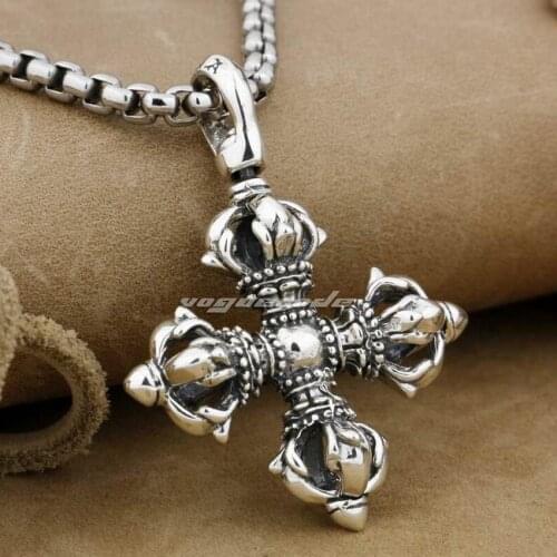 LINSION 925 Sterling Silver Large Tibet Tibetan Vajra Dorje Mens Biker Rock Punk Pendant 9F002