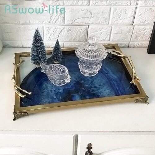 39.5*28*3CM Rectangular Metal Tray Home Living Room Decoration Agate Stone Service Trays Decorative Food Tray For Kitchen Trays