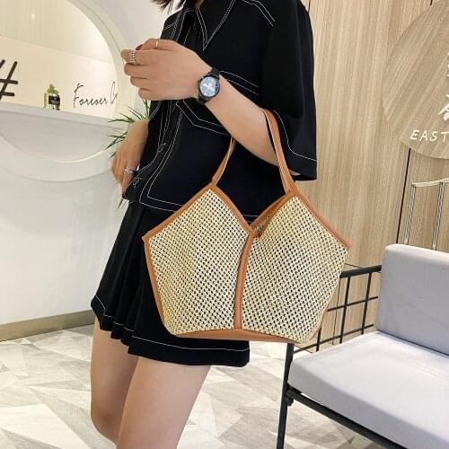 Fashion Straw Woven Cutout Fishnet Tote Bag Women Portable Large-Capacity Shoulder Bag WomenS Korean Style Simple Handbag Woman