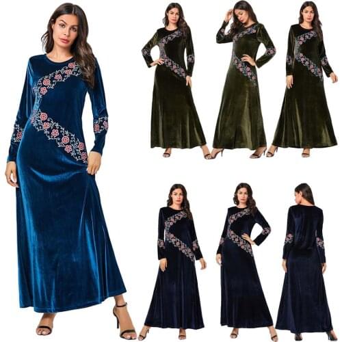 Muslim Women Embroidery Velvet Abaya Maxi Dress Robes Dubai Islamic Kaftan Party Arab Autumn Winter Gown O-neck 2019 Fashion New