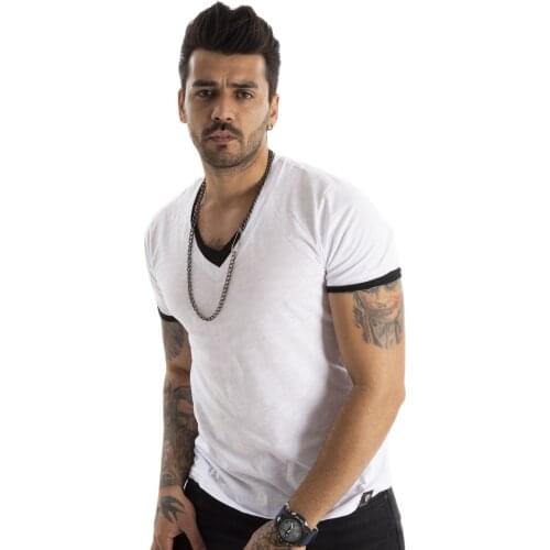 DeepSEA Men V-Neck T-Shirt Pleated Short Sleeve Slim Fit Poplin Fabric Cotton Lycra High Quality Casual Spring Summer 2101197