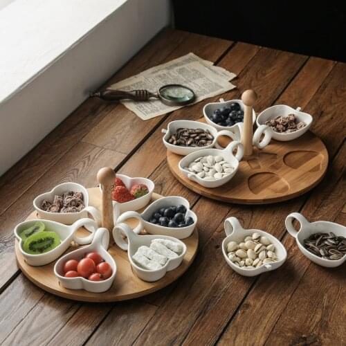 Rotatable Ceramic Plates Ceramic Dim Sum Bowl Set Wooden Fruit Plate Dinner Porcelain Dessert Plate Cake Tray Food Tableware WF