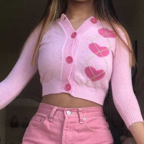 New spell color long-sleeved love heart printed slim-fit short section sweater