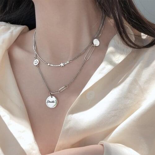 S925 Sterling Silver Necklace for Women Star Smile Face Necklace Retro Light Luxury Simple Clavicle Chain Jewelry Wholesale