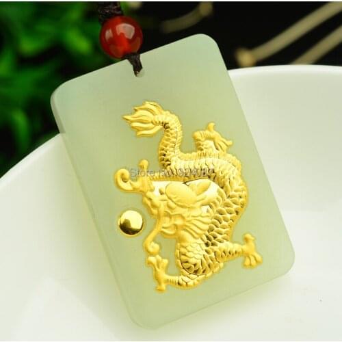 Natural jade and Tian Yu mosaic gold Zodiac Dragon Pendant high-grade jade dragon brand Mens jade pendant