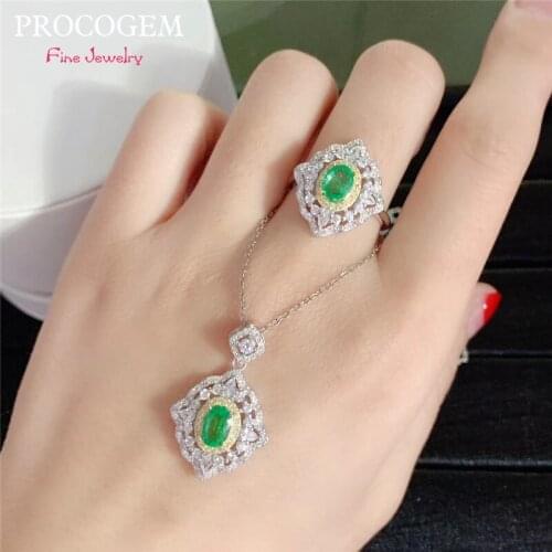 Procogem vs 0.85ctx2pc Natural Emerald sets Fine Jewelry set for women Party Necklace Ring Genuine Green Gemstones S925 silver