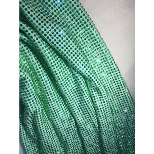 Custom Made Quality Green Crystal Rhinestone Milk Silk Polyester Spandex Elastic Stretch Fabric Knitting Dance Dress Elastic