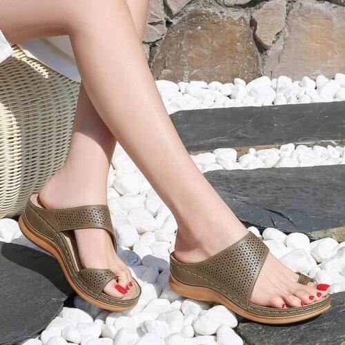 Summer Women Comfy PU Leather Shoes Ladies Platform Flat Sandal Soft Big Toe Foot Orthopedic Correction Casual Sandal