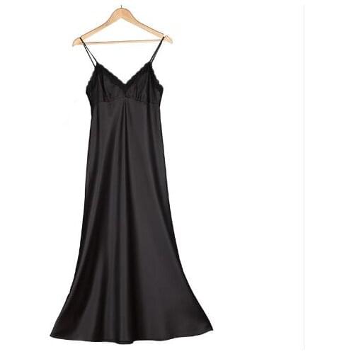 Silk Long Nightgown Spaghetti Strap Sleepdress Lace Sexy V Neck Sleepdress For Women Solid Long Nightdress Lady Sexy Lingerie