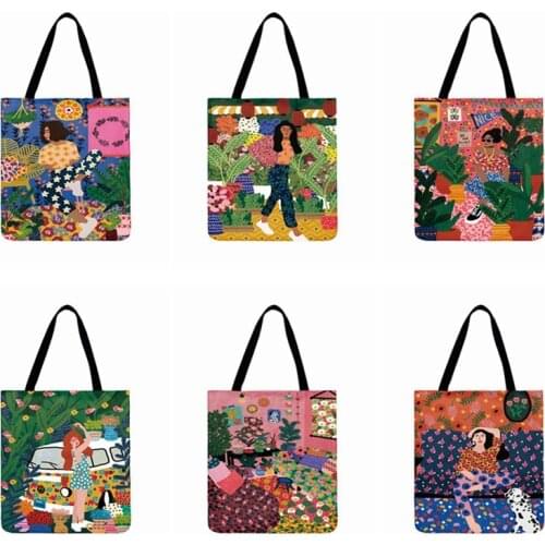 Tropical Girl In Flower Painting Printed Bag Women Casual Tote Ladies Beach Bag Fashion Bag Beach Bags Foldable Shopping Bag