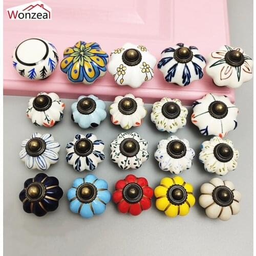 8PCS Vintage Furniture Handles Pumpkin Ceramic Drawer Knobs Kitchen Cupboard Wardrobe Furniture Door Pulls With Screws