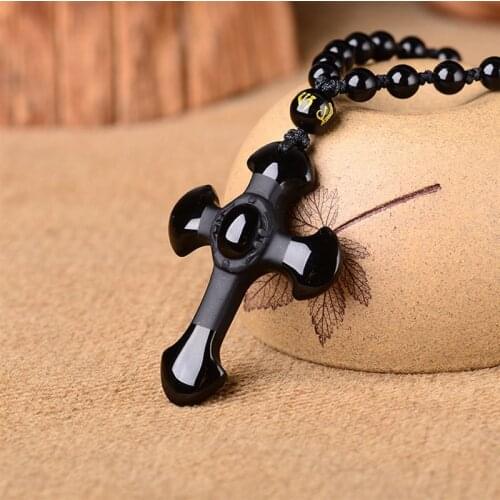 High Quality Unique Natural Black Obsidian hand Carved cross Lucky Amulet Pendant For Women Men Jewelry pendant Necklace