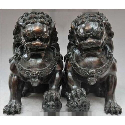 YM 316 11"chinese royal bronze foo dog lion town house Guardian beast lucky statue pair