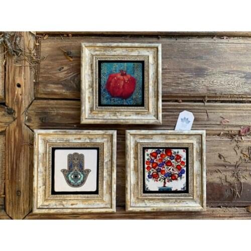 Framed Stone Wall Decor 20X20 Cm 3 Piece Set Pomegranate Tree Fatma Master Hand Pomegranate Traditional Authentic High quality Wall Decoration