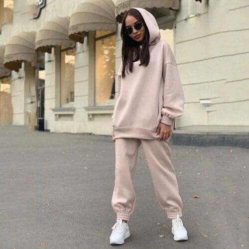 Autumn Hoodie Women Two-piece Solid Color Fleece Oversized Sportswear Winter Warm Hooded Pullover Jogging Pants Suit
