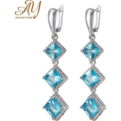 Anillos Yuzuk Trendy 925 Silver Green Blue Square Shaped Gemstones Drop Earrings Women Wedding Jewelry Wholesale Dropping