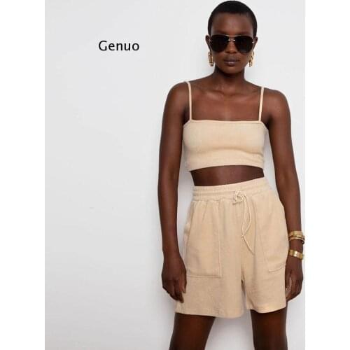 Thick Material Khaki Shorts Outfits Sleeveless Straped Tank Tops Good Quality Breathable Women Two Pieces Set Wholesale