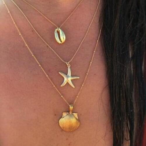 Tocona Beach Summer Gold Chian Metal Seashell Starfish Conch Pendant Necklace For Women Vintage Boho Ocean Chains Collares 7105