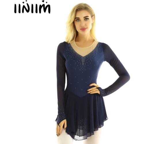 Women Adults Contemporary with Fingertip Rhinestones Figure Ice Skating Ballet Dance Leotard Ballroom Dance Competition Dresses