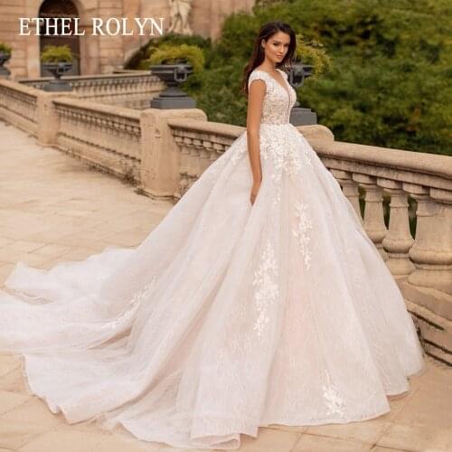 ETHEL ROLYN A-Line Wedding Dress 2021 Elegant Backless Short Sleeve Bride V-Neckline Beading Appliques Lace Princess Bridal Gown