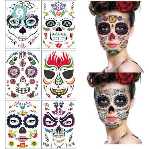 2020 Facial Makeup Sticker Special Waterproof Face Tattoo Day Of The Dead Skull Face Dress Up Halloween Temporary Tattoo Sticker