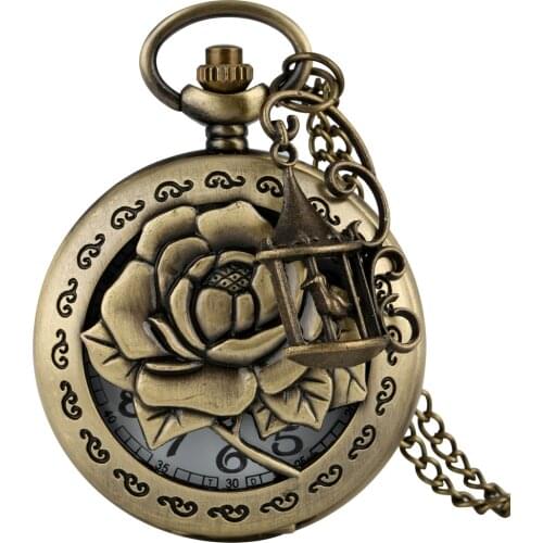 Bronze Hollow Rose Flowers Design Quartz Pocket Watch Antique Retro Necklace Watch Old Fashioned Pendant Clock with Accessories