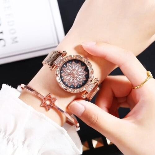 Time to run mesh belt diamond ladies watch petal diamond face female student magnet watch